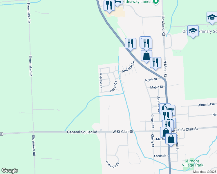 map of restaurants, bars, coffee shops, grocery stores, and more near 655 Elmdale Lane in Almont