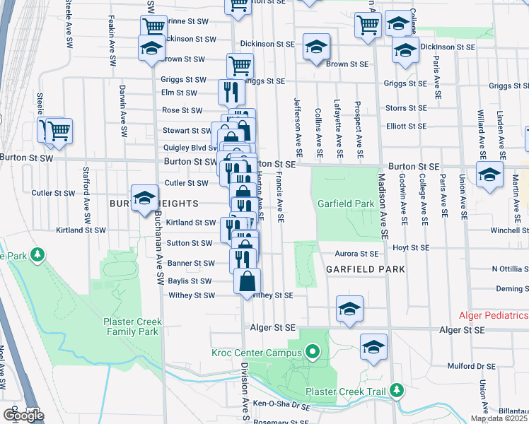 map of restaurants, bars, coffee shops, grocery stores, and more near 2100 Horton Avenue Southeast in Grand Rapids