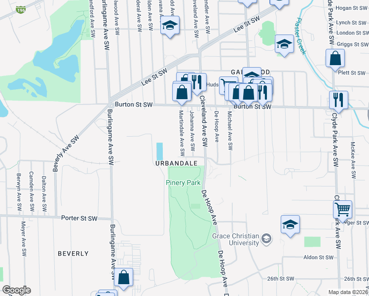 map of restaurants, bars, coffee shops, grocery stores, and more near 2134 Martindale Avenue Southwest in Wyoming