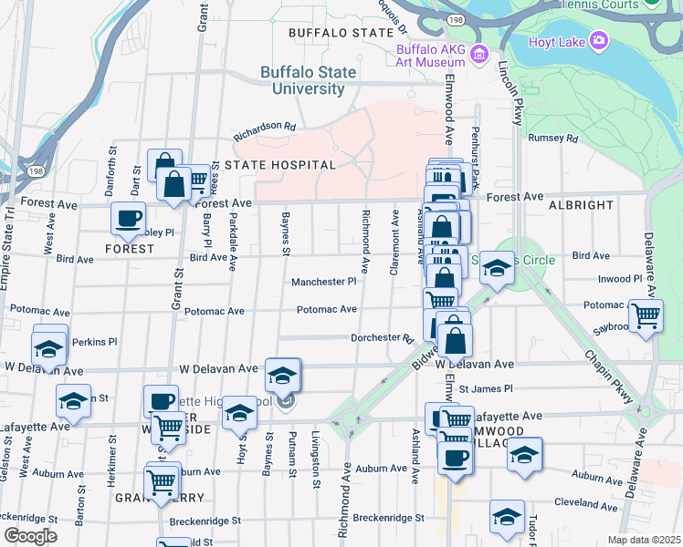 map of restaurants, bars, coffee shops, grocery stores, and more near 23 Manchester Place in Buffalo