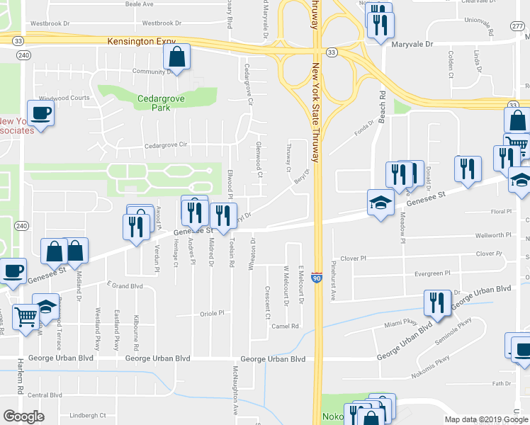 map of restaurants, bars, coffee shops, grocery stores, and more near 85 Beryl Drive in Buffalo