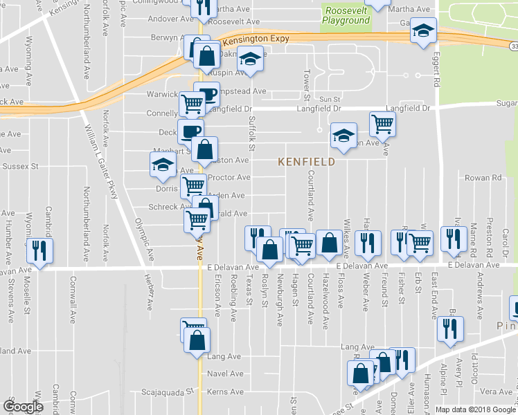 map of restaurants, bars, coffee shops, grocery stores, and more near 96 Gerald Ave in Buffalo