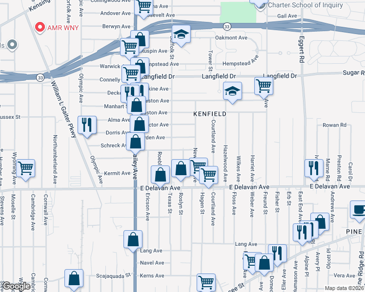 map of restaurants, bars, coffee shops, grocery stores, and more near 96 Gerald Avenue in Buffalo