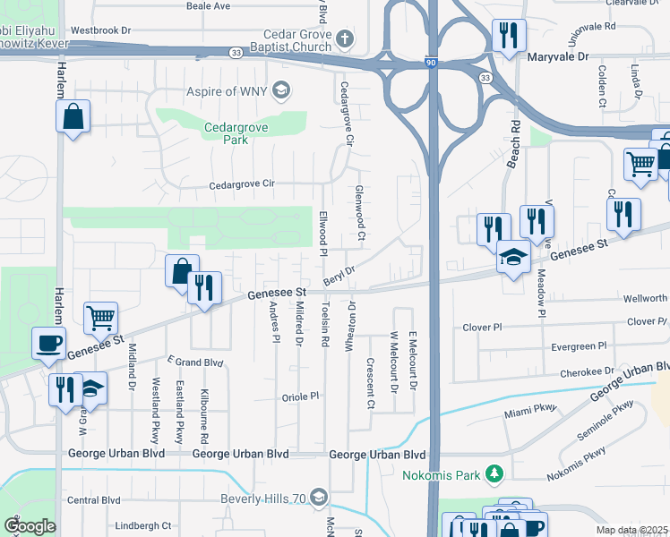 map of restaurants, bars, coffee shops, grocery stores, and more near 46 Beryl Drive in Buffalo