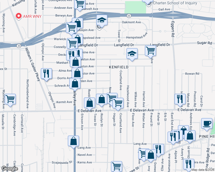 map of restaurants, bars, coffee shops, grocery stores, and more near 136 Gerald Avenue in Buffalo