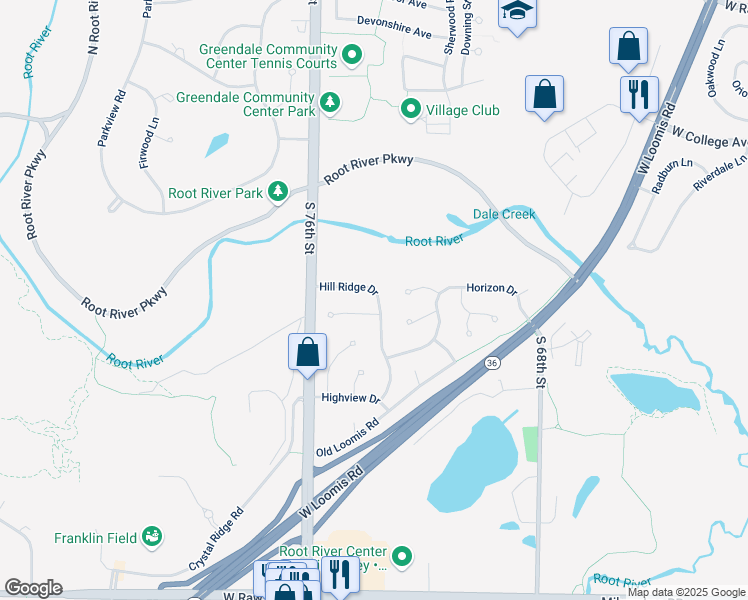 map of restaurants, bars, coffee shops, grocery stores, and more near 6605 Hill Ridge Drive in Greendale
