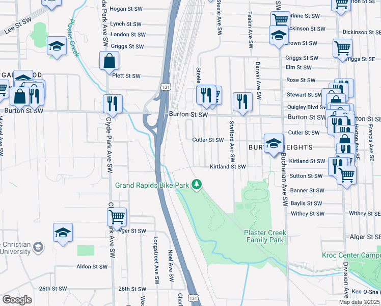 map of restaurants, bars, coffee shops, grocery stores, and more near 2129 Saint Charles Avenue Southwest in Grand Rapids