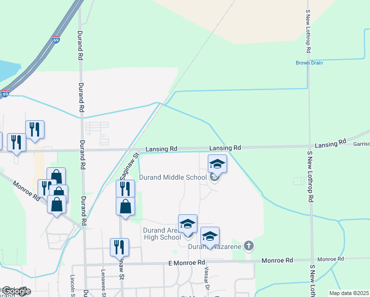 map of restaurants, bars, coffee shops, grocery stores, and more near 9550 Lansing Road in Durand