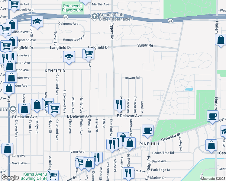 map of restaurants, bars, coffee shops, grocery stores, and more near 97 Wright Avenue in Buffalo