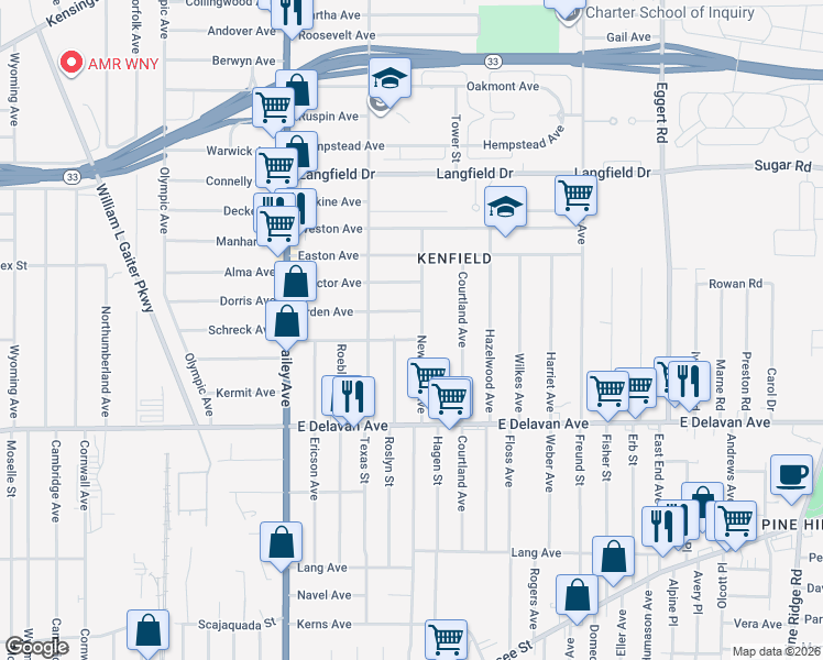 map of restaurants, bars, coffee shops, grocery stores, and more near 136 Gerald Avenue in Buffalo