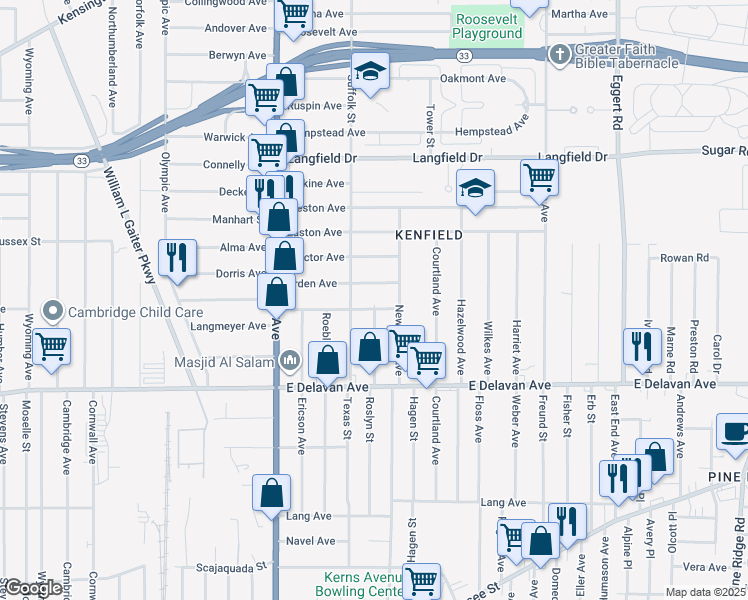 map of restaurants, bars, coffee shops, grocery stores, and more near 96 Gerald Avenue in Buffalo