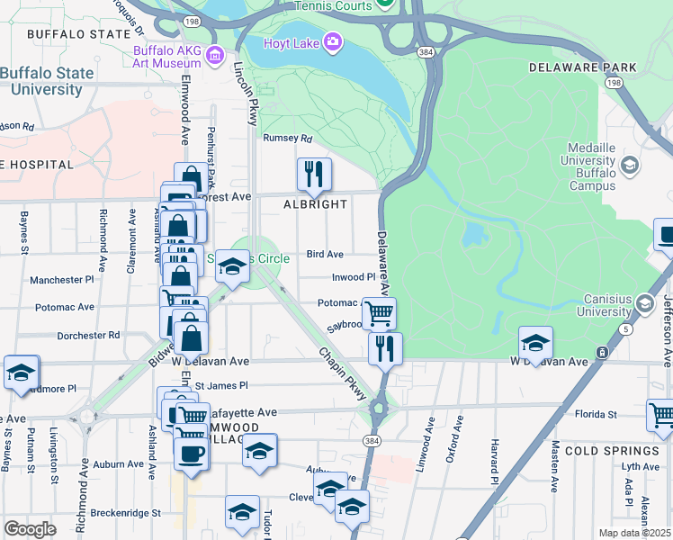 map of restaurants, bars, coffee shops, grocery stores, and more near 40 Inwood Place in Buffalo