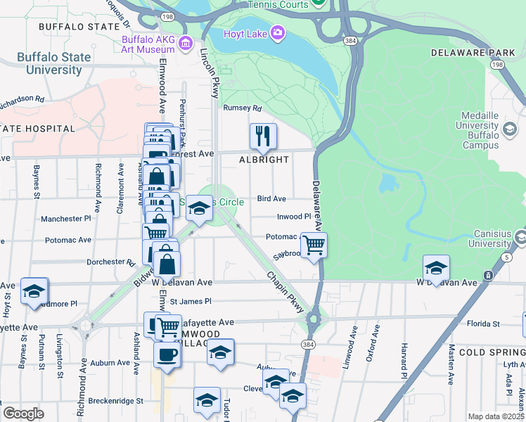 map of restaurants, bars, coffee shops, grocery stores, and more near 43 Windsor Avenue in Buffalo