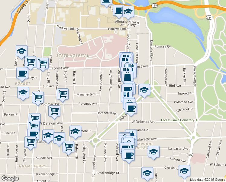 map of restaurants, bars, coffee shops, grocery stores, and more near in Buffalo