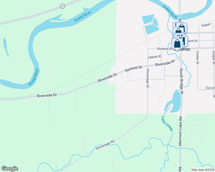 map of restaurants, bars, coffee shops, grocery stores, and more near 7551 Riverside Drive in Saranac