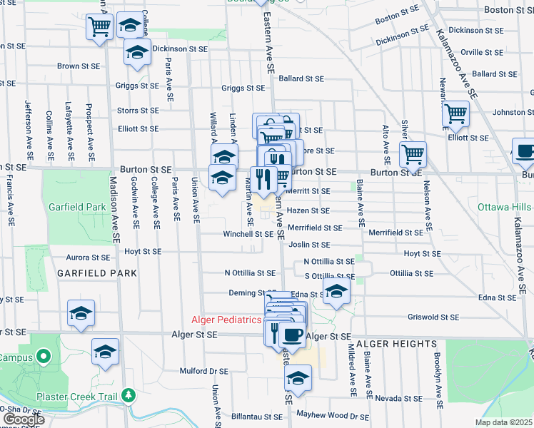 map of restaurants, bars, coffee shops, grocery stores, and more near 2055 Eastern Avenue Southeast in Grand Rapids