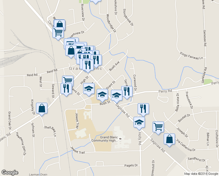 map of restaurants, bars, coffee shops, grocery stores, and more near 11802 Stuart Street in Grand Blanc