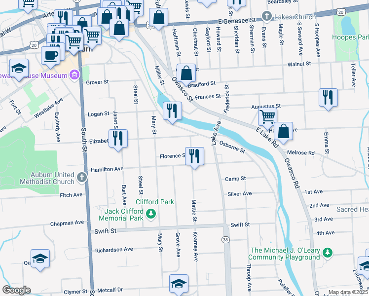 map of restaurants, bars, coffee shops, grocery stores, and more near 11 Mattie Street in Auburn