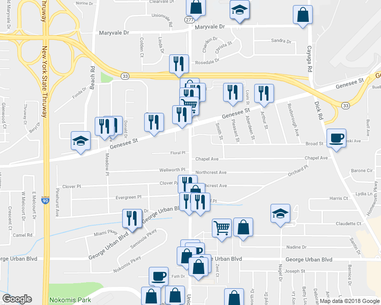 map of restaurants, bars, coffee shops, grocery stores, and more near Union Road & Floral Place in Buffalo