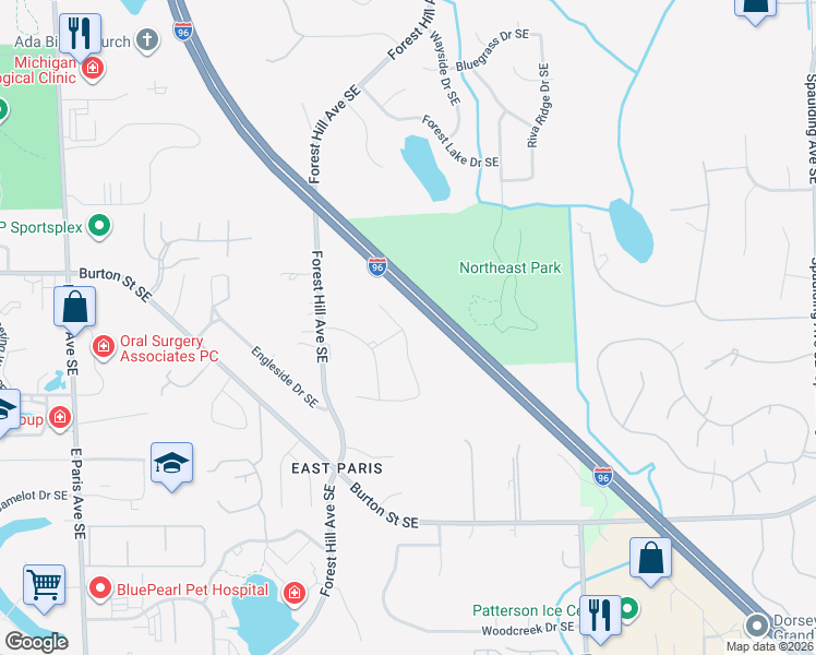 map of restaurants, bars, coffee shops, grocery stores, and more near 2096 Shiloh Point Southeast in Grand Rapids