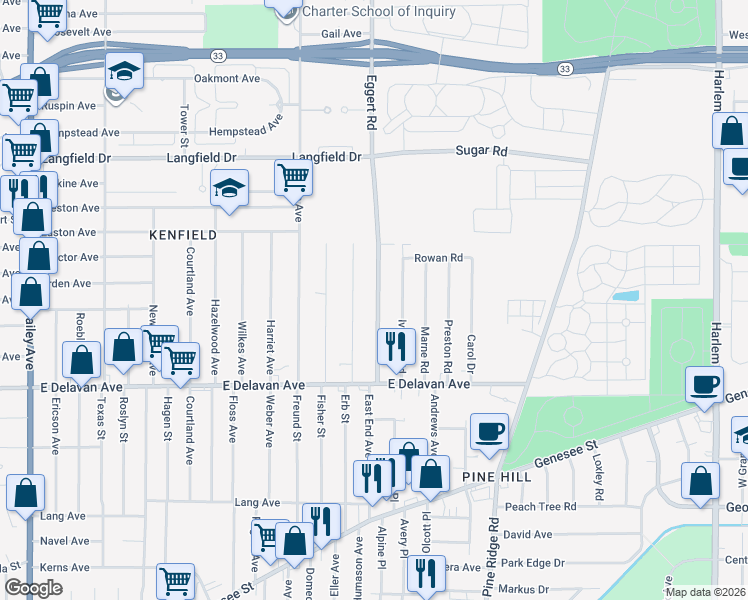 map of restaurants, bars, coffee shops, grocery stores, and more near 97 Wright Avenue in Buffalo