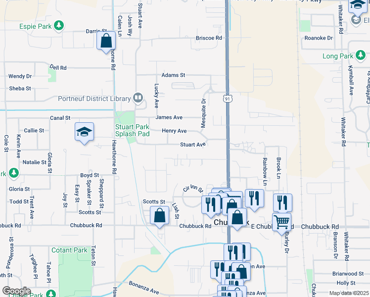 map of restaurants, bars, coffee shops, grocery stores, and more near 231 Stuart Avenue in Pocatello