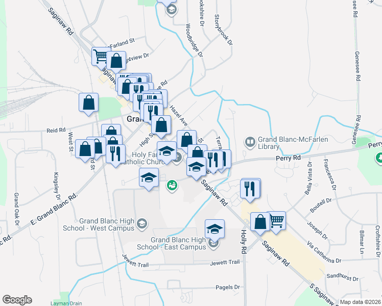 map of restaurants, bars, coffee shops, grocery stores, and more near 11802 Stuart Street in Grand Blanc