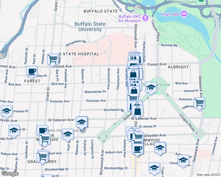 map of restaurants, bars, coffee shops, grocery stores, and more near 811 Richmond Avenue in Buffalo