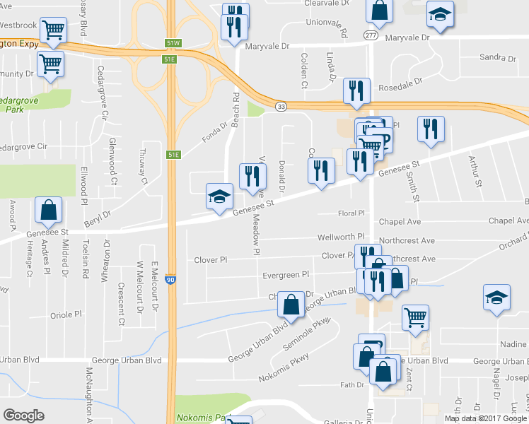 map of restaurants, bars, coffee shops, grocery stores, and more near 3357 Genesee Street in Buffalo