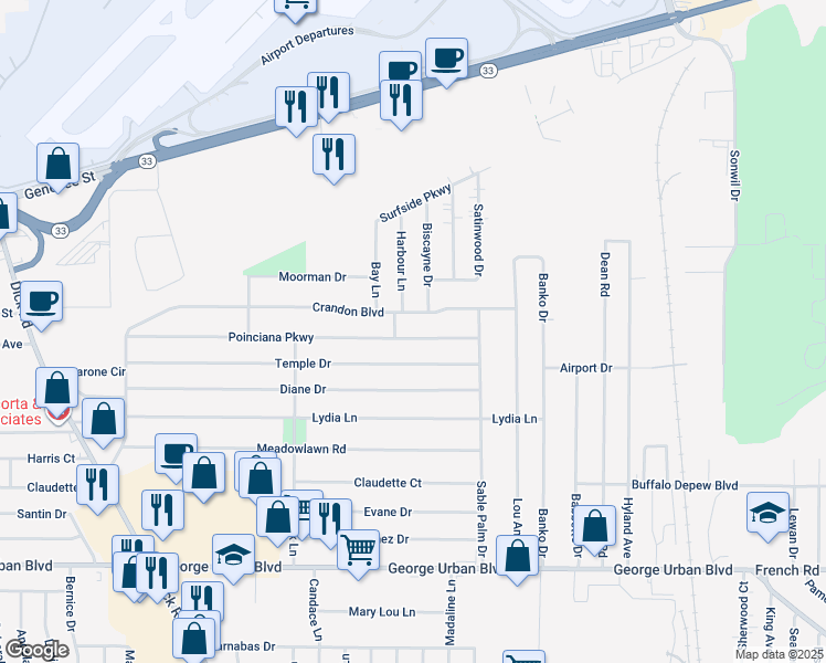 map of restaurants, bars, coffee shops, grocery stores, and more near 212 Poinciana Parkway in Cheektowaga