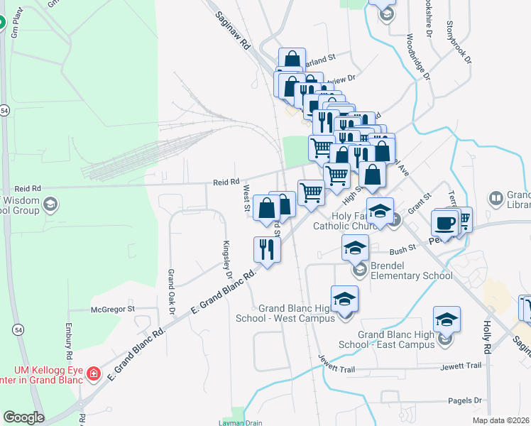 map of restaurants, bars, coffee shops, grocery stores, and more near 418 Hattie Street in Grand Blanc