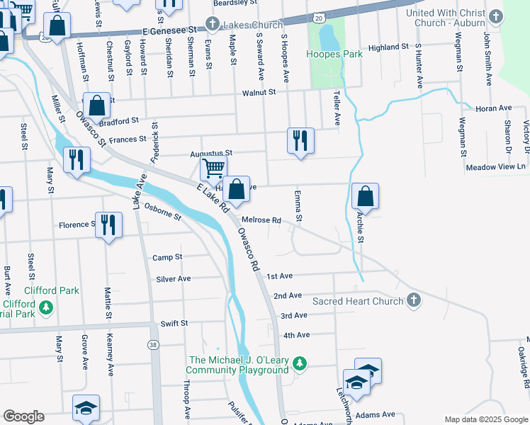 map of restaurants, bars, coffee shops, grocery stores, and more near 11 Melrose Road in Auburn