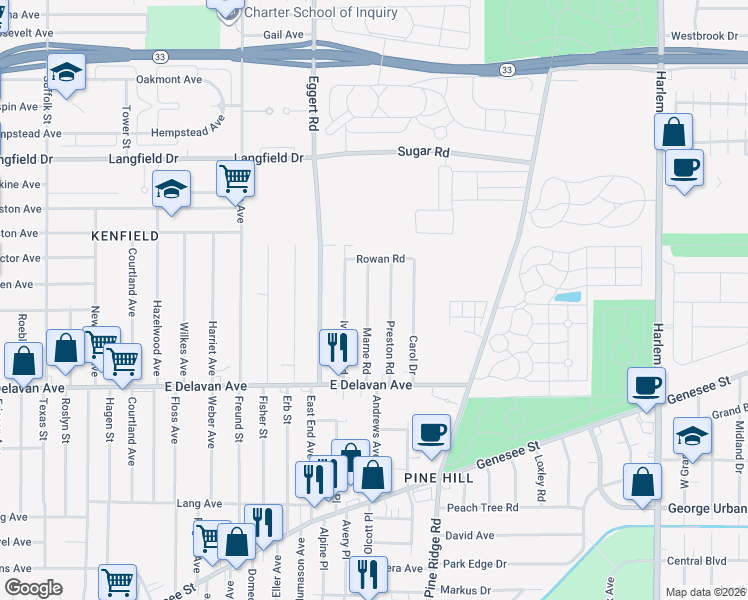 map of restaurants, bars, coffee shops, grocery stores, and more near 57 Marne Road in Cheektowaga