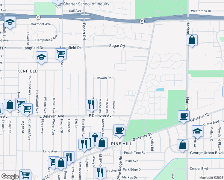 map of restaurants, bars, coffee shops, grocery stores, and more near 86 Carol Dr in Buffalo