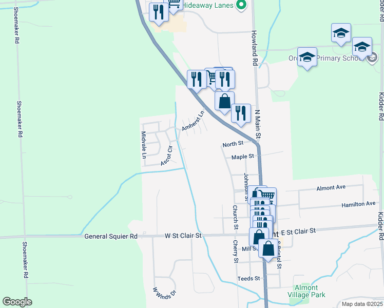 map of restaurants, bars, coffee shops, grocery stores, and more near 777 Ascot Circle in Almont