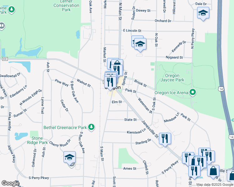map of restaurants, bars, coffee shops, grocery stores, and more near 122 Janesville Street in Oregon
