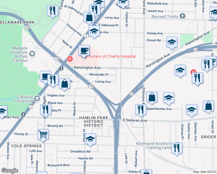 map of restaurants, bars, coffee shops, grocery stores, and more near 152 Oakgrove Avenue in Buffalo