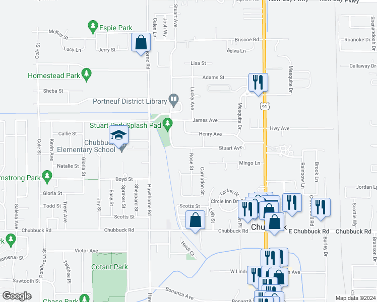 map of restaurants, bars, coffee shops, grocery stores, and more near 5067 Rose Street in Chubbuck