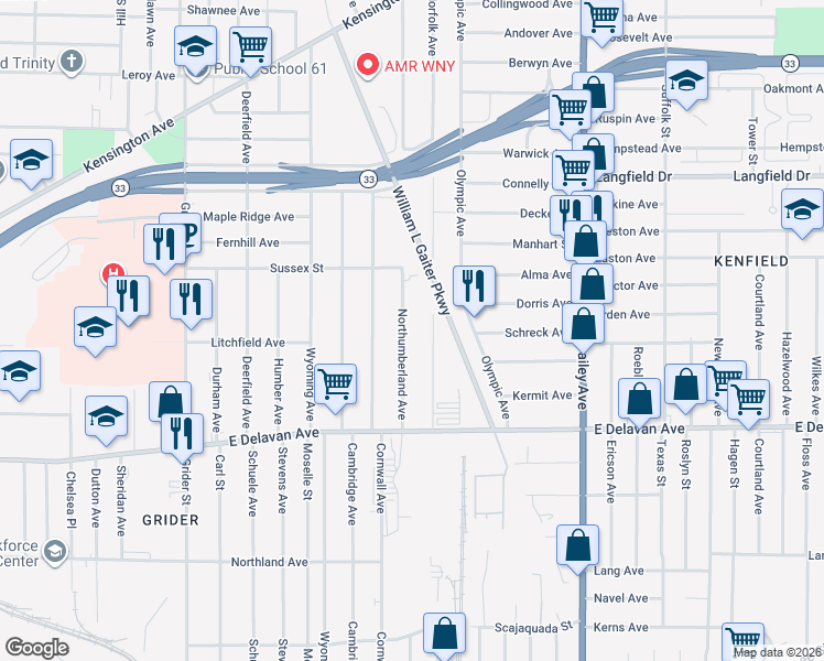 map of restaurants, bars, coffee shops, grocery stores, and more near 389 Northumberland Avenue in Buffalo