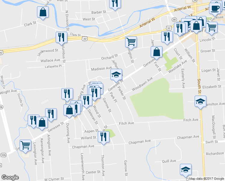 map of restaurants, bars, coffee shops, grocery stores, and more near 230 Genesee Street in Auburn