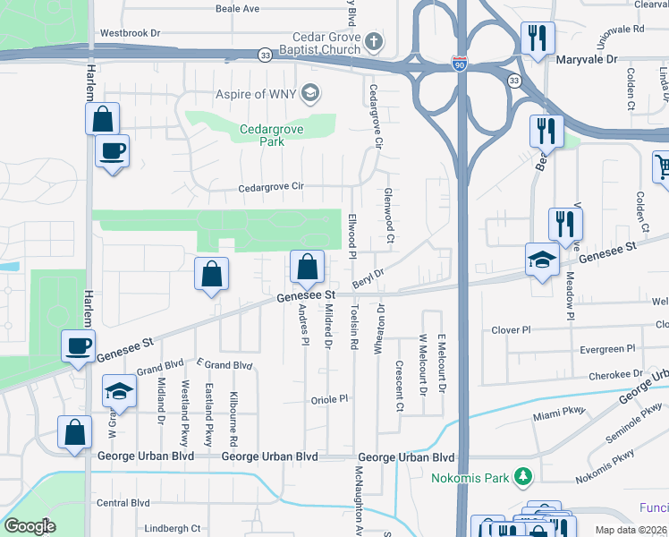 map of restaurants, bars, coffee shops, grocery stores, and more near 27 Dellwood Place in Cheektowaga