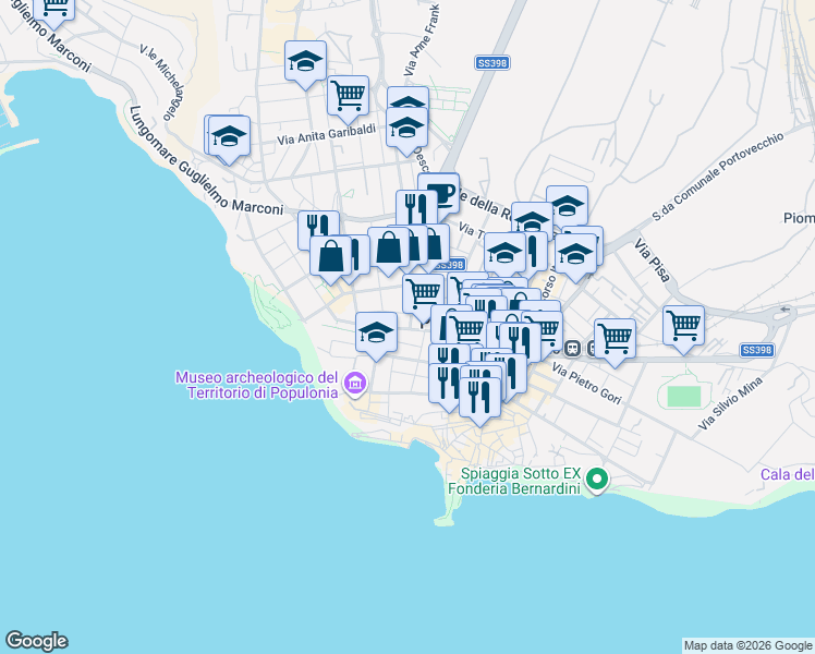 map of restaurants, bars, coffee shops, grocery stores, and more near 60 Via Edmondo De Amicis in Piombino