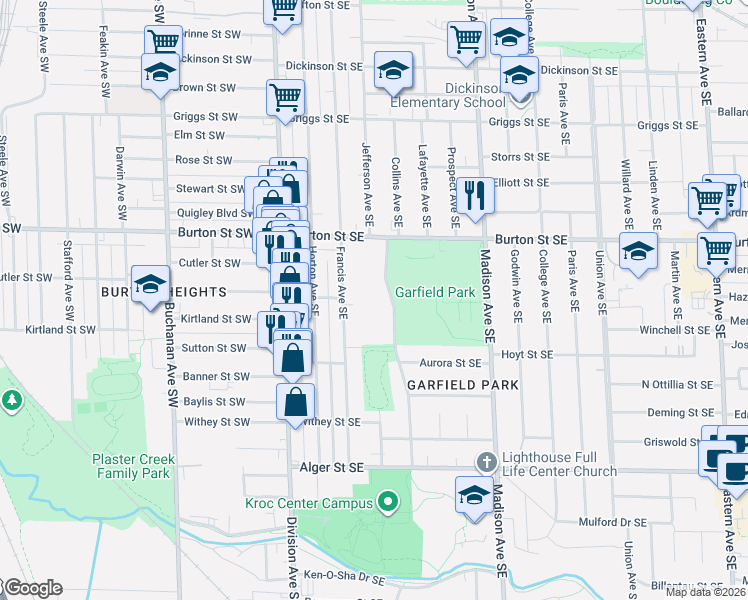 map of restaurants, bars, coffee shops, grocery stores, and more near 2101 Jefferson Drive Southeast in Grand Rapids