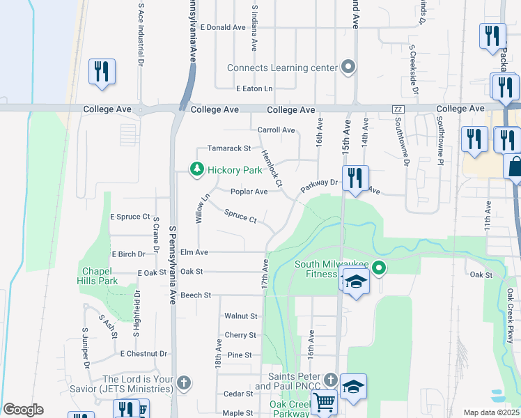 map of restaurants, bars, coffee shops, grocery stores, and more near 535 Linden Circle in South Milwaukee