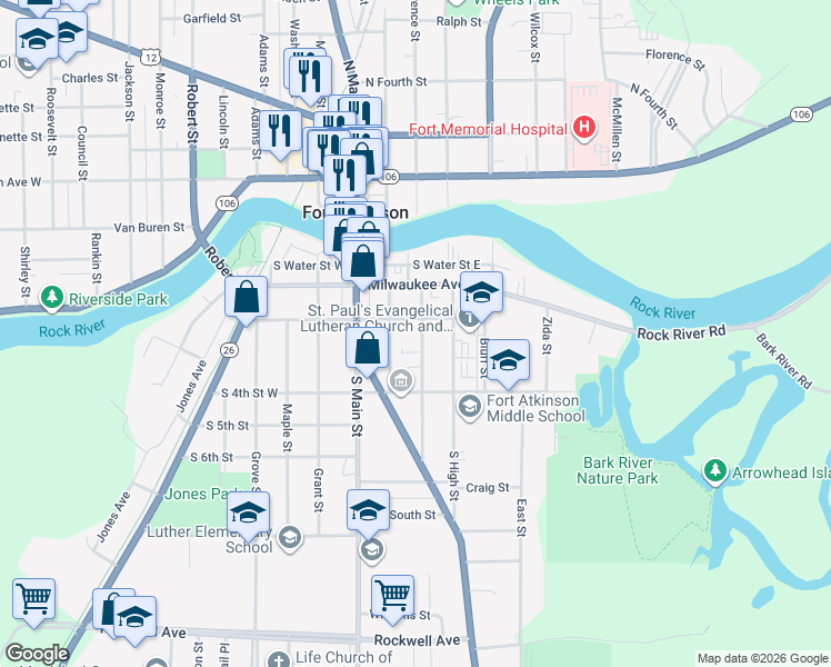 map of restaurants, bars, coffee shops, grocery stores, and more near 308 Foster Street in Fort Atkinson