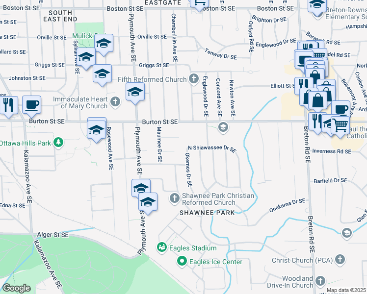 map of restaurants, bars, coffee shops, grocery stores, and more near 2061 Okemos Drive Southeast in Grand Rapids