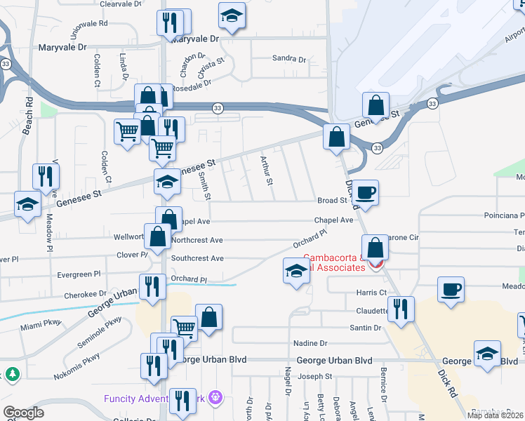 map of restaurants, bars, coffee shops, grocery stores, and more near in Cheektowaga
