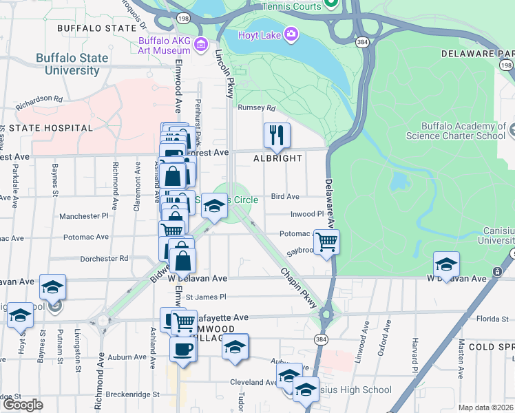 map of restaurants, bars, coffee shops, grocery stores, and more near 43 Windsor Avenue in Buffalo