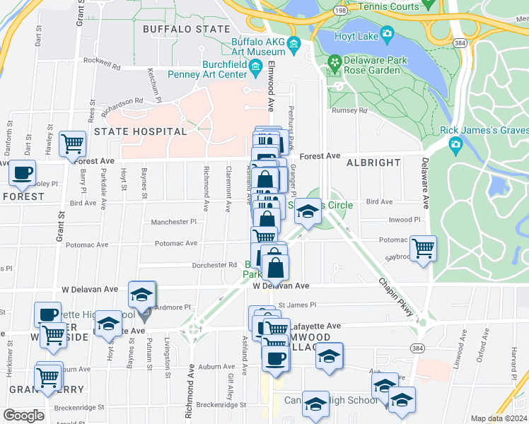 map of restaurants, bars, coffee shops, grocery stores, and more near 1042 Elmwood Avenue in Buffalo