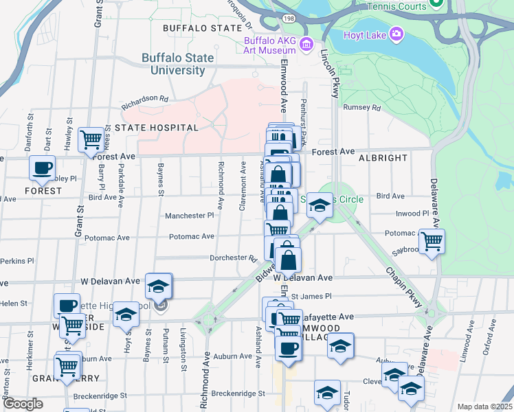 map of restaurants, bars, coffee shops, grocery stores, and more near in Buffalo